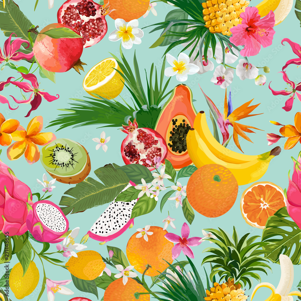 Fototapeta Wzór z tropikalnych owoców i kwiatów. Banan, pomarańcze, cytryna, ananas, smok owocowy tło dla tkaniny, mody tekstura, tapeta w wektorze