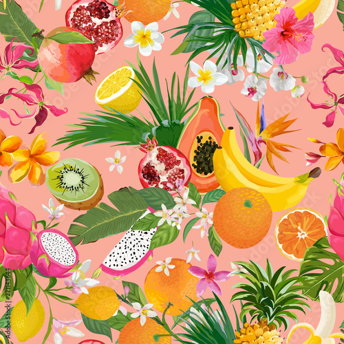 Seamless pattern with tropical fruits and flowers. Banana, Orange, Lemon, Pineapple, Dragon fruit background for textile, fashion texture, wallpaper in vector