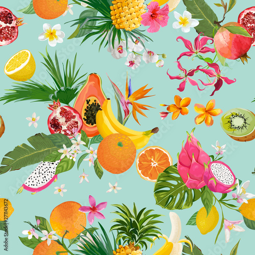 Seamless pattern with tropical fruits and flowers. Banana, Orange, Lemon, Pineapple, Dragon fruit background for textile, fashion texture, wallpaper in vector