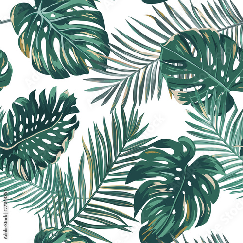 Retro palm leaves background pattern, tropical jungle illustration texture in vector for wallpaper, print, brochure, design