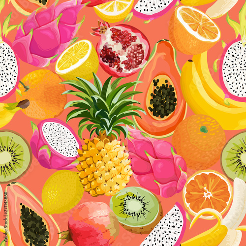 Seamless pattern with tropical fruits. Banana, Orange, Lemon, Pineapple, Dragon fruit background for textile, fashion texture, wallpaper in vector