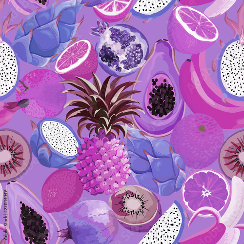 Seamless pattern with tropical fruits. Banana, Orange, Lemon, Pineapple, Dragon fruit background for textile, fashion texture, wallpaper in vector