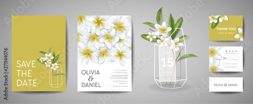 Botanical wedding invitation card Template Design, Tropical Plumeria Flowers and Leaves in modern style, Collection of Save the date, RSVP, greeting in vector