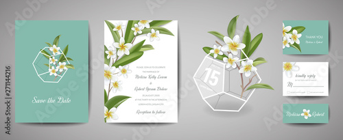 Botanical wedding invitation card Template Design, Tropical Plumeria Flowers and Leaves in modern style, Collection of Save the date, RSVP, greeting in vector