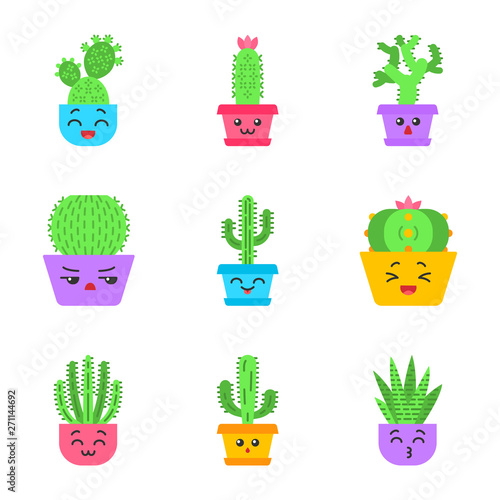 Cactuses flat design long shadow color icons set
