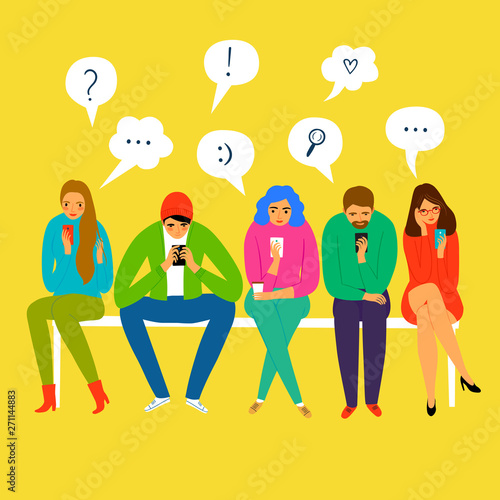 Set of cartoon people sitting and looking on smartphone screen.