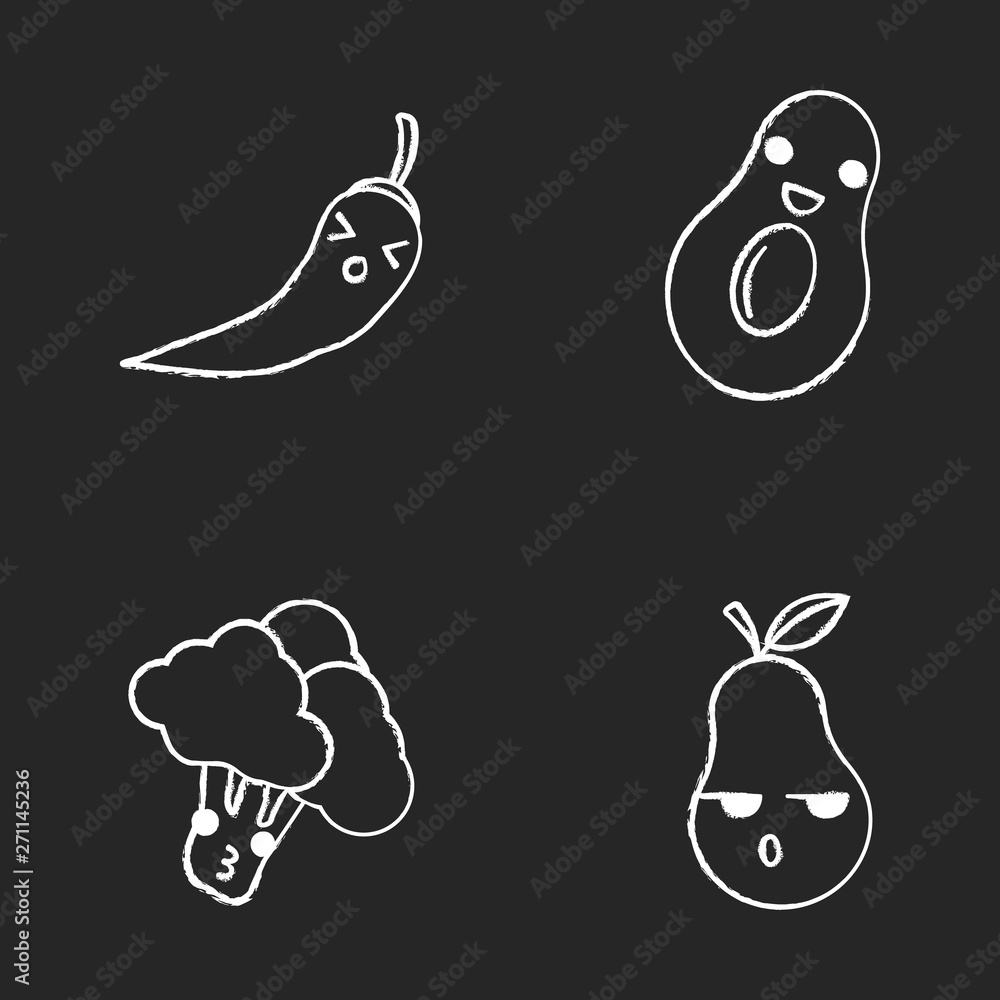 Vegetables and fruits cute kawaii chalk characters set Vegetables and fruits cute kawaii chalk characters set