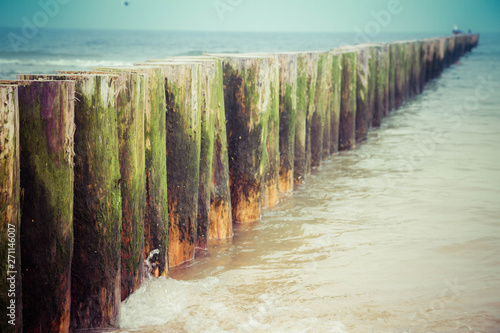 Raw of Wooden Breakwaters at a seaside