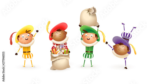 Saint Nicholas or Sinterklaas helpers  - happy cute colorful Dutch traditional characters - Zwarte Piet vector illustration isolated on white