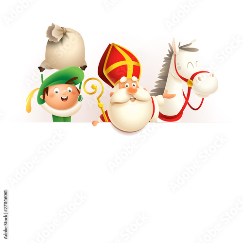 Saint Nicholas or Sinterklaas horse and helper Zwarte Piet on board - happy cute characters celebrate Dutch holiday - vector illustration isolated on white