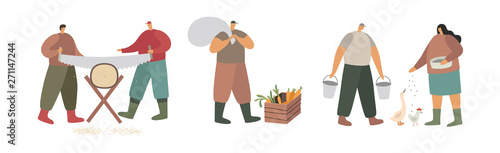 Farmers. Recruitment of people engaged in agricultural activities. Men are sawing a log, carrying water and a bag of crops. Woman feeding poultry. Ecotourism. Trendy flat vector illustration.