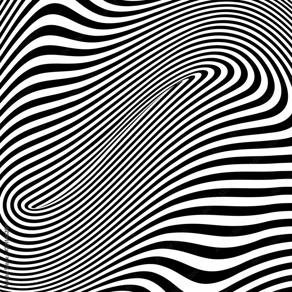 Fototapeta premium Abstract black and white striped background. Geometric pattern with visual distortion effect. Optical illusion. Op art.