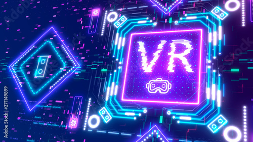 VR gaming symbol logotype. Glow neon cyber style background. Virtual reality
