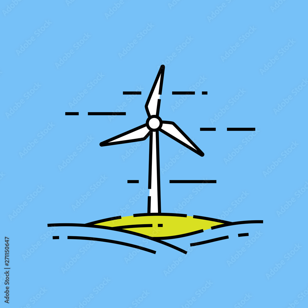 Wind energy icon. Windmill turbine renewable power supply graphic isolated on blue background. Green technology. Vector illustration. Wind energy icon. Windmill turbine renewable power supply graphic isolated on blue background. Green technology. Vector illustration.