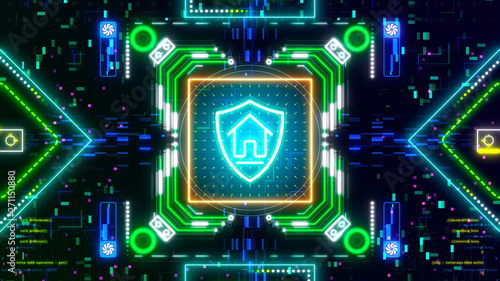 Security and protection. Shield and home symbol on glitch cyber background.