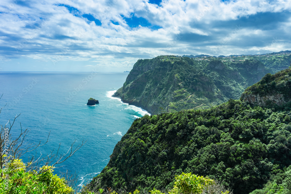 View of beautiful mountains and ocean on northern coast, Madeira, Portugal