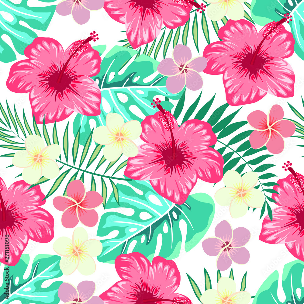 pattern of hibiscus and tropical leaves