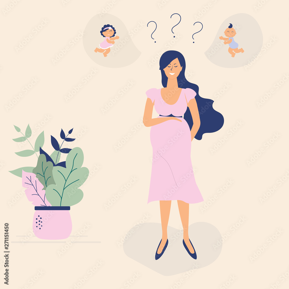 Cute pregnant girl in pink dress.Flat Funky Figures style.Decorated beautiful leaves,polka dots and heart.Vector illustration.For advertising, logo, leaflets,booklets,flyers Cute pregnant girl in pink dress.Flat Funky Figures style.Decorated beautiful leaves,polka dots and heart.Vector illustration.For advertising, logo, leaflets,booklets,flyers