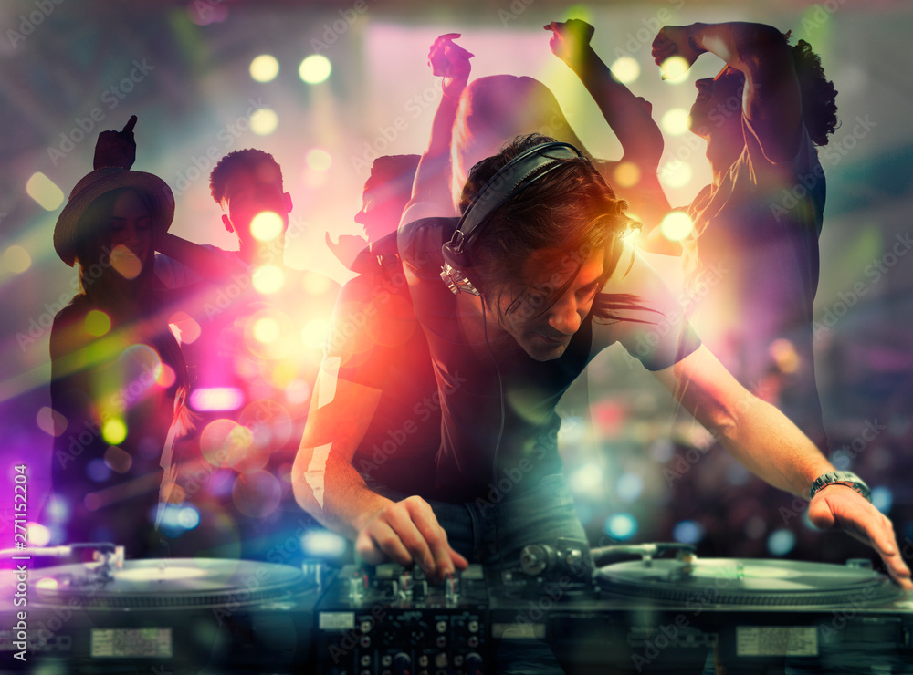 DJ playing music at the discotheque. Double exposure Stock Photo | Adobe  Stock