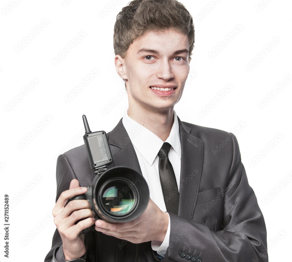 portrait of young photographer with camera on white background portrait of young photographer with camera on white background