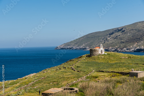 An old orthodox church in a hill next to Korthi of Andros, Cyclades, Greece
