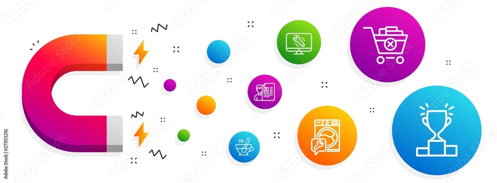 Magnet attracting. Remove purchase, Job interview and Washing machine icons simple set. Tea cup, Monitor repair and Winner podium signs. Delete from cart, Cv file. Business set. Vector Magnet attracting. Remove purchase, Job interview and Washing machine icons simple set. Tea cup, Monitor repair and Winner podium signs. Delete from cart, Cv file. Business set. Vector