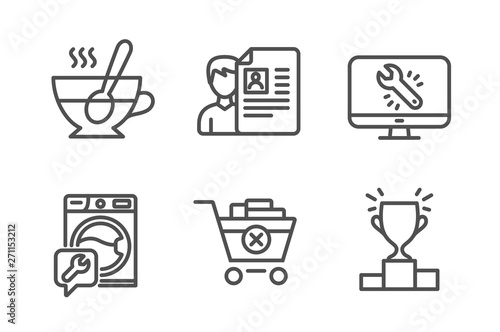 Remove purchase, Job interview and Washing machine icons simple set. Tea cup, Monitor repair and Winner podium signs. Delete from cart, Cv file. Business set. Line remove purchase icon. Vector