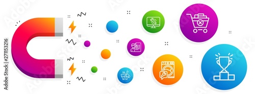 Magnet attracting. Remove purchase, Job interview and Washing machine icons simple set. Tea cup, Monitor repair and Winner podium signs. Delete from cart, Cv file. Business set. Vector