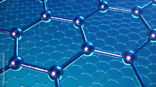 3d Illustration structure of the graphene or carbon surface, abstract nanotechnology hexagonal geometric form close-up, concept graphene atomic structure, concept graphene molecular structure.