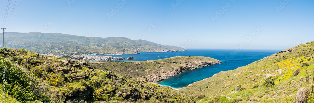 Panorama of Chora of Andros at a beautiful day, Cyclades, Greece
