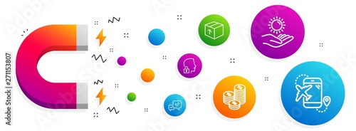 Magnet attracting. Package, Unlock system and Approve icons simple set. Sun protection, Coins and Flight destination signs. Delivery pack, Access granted. Business set. Line package icon. Vector