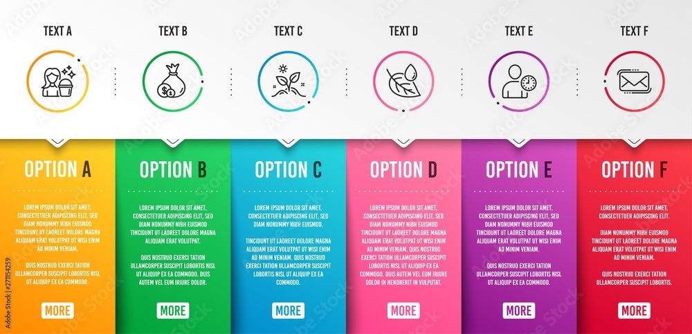 Naklejka premium Cash, Grow plant and Time management icons simple set. Leaf dew, Cleaning and Messenger mail signs. Banking currency, Leaves. Business set. Infographic template. 6 steps timeline. Business options
