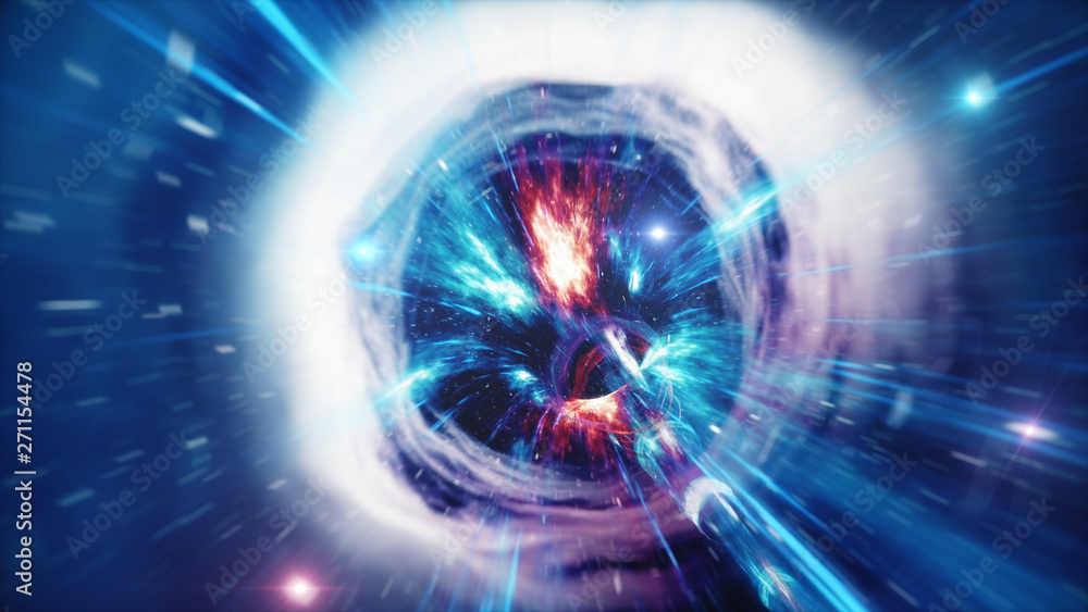 Fototapeta premium 3D illustration tunnel or wormhole, tunnel that can connect one universe with another. Abstract speed tunnel warp in space, wormhole or black hole, scene of overcoming the temporary space in cosmos.