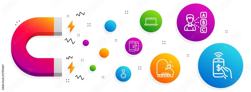 Magnet attracting. Laptop, Medal and Opinion icons simple set. Piano, Phone communication and Phone payment signs. Mobile computer, Winner. Education set. Line laptop icon. Editable stroke. Vector Magnet attracting. Laptop, Medal and Opinion icons simple set. Piano, Phone communication and Phone payment signs. Mobile computer, Winner. Education set. Line laptop icon. Editable stroke. Vector