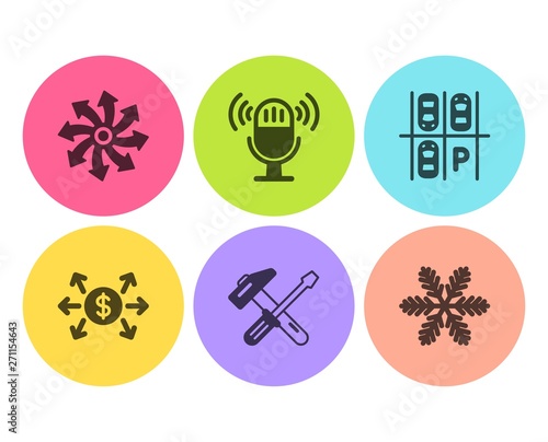 Hammer tool, Microphone and Versatile icons simple set. Parking place, Dollar exchange and Snowflake signs. Repair screwdriver, Mic. Technology set. Flat hammer tool icon. Circle button. Vector