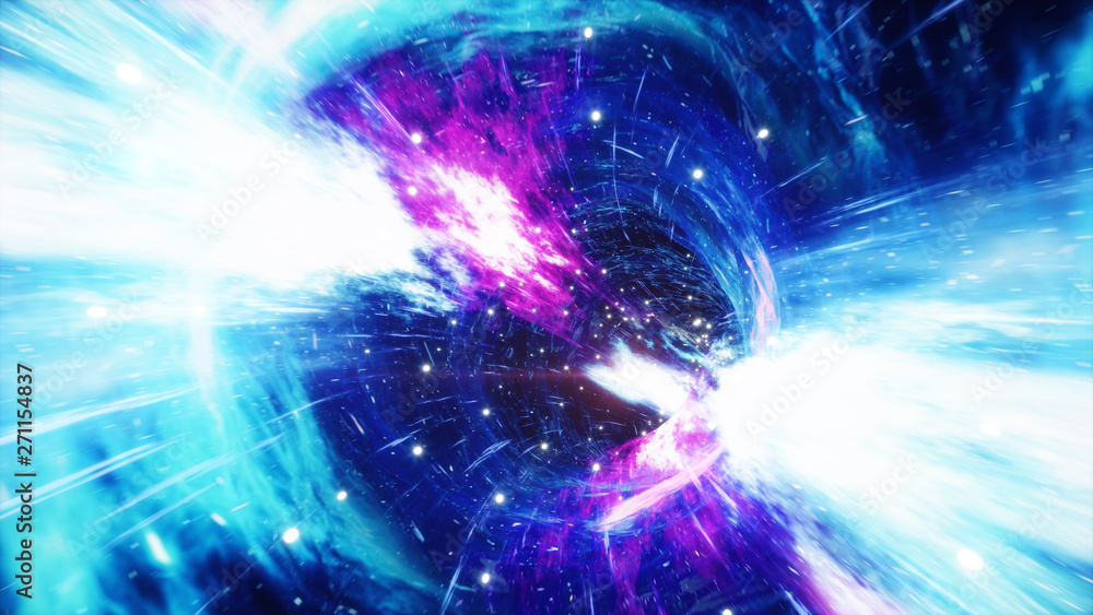 Obraz premium Travel through a wormhole through time and space filled with millions of stars and nebulae. Wormhole space deformation, science fiction. Black hole. Vortex hyperspace tunnel. 3D illustration