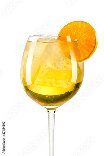 orange yellow drink with ice cubes and orange slice on white background, isolated