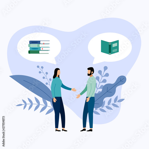 Two people talk about books or magazines, vector illustrations