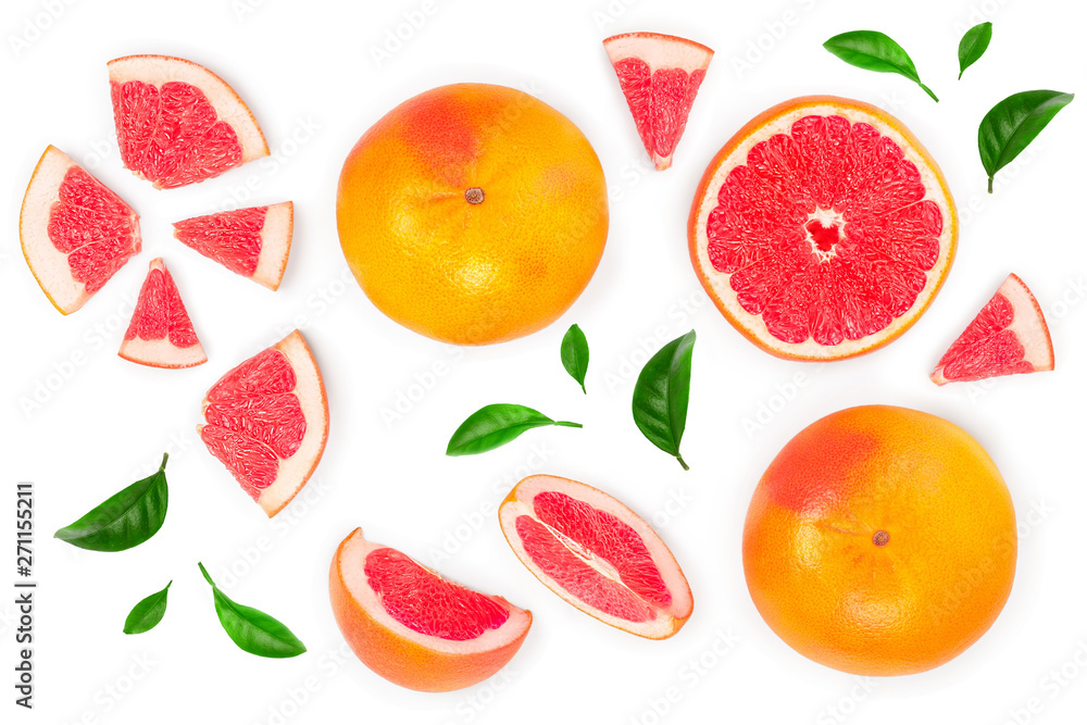 Grapefruit and slices with leaves isolated on white background. Top view. Flat lay pattern Grapefruit and slices with leaves isolated on white background. Top view. Flat lay pattern