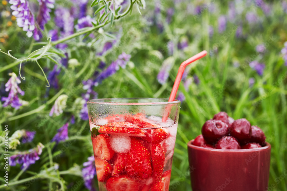 Fresh drink with strawberry / studio photography of beverages isolated on white background with reflection Fresh drink with strawberry / studio photography of beverages isolated on white background with reflection