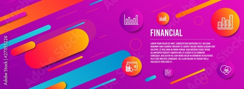 Header banner. Payment method, Graph chart and Contactless payment icons simple set. Bar diagram, Column chart and Euler diagram signs. Wallet with coins, Growth report. Finance set. Vector