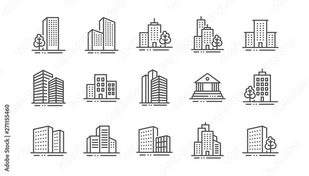 Buildings line icons. Bank, Hotel, Courthouse. City, Real estate, Architecture buildings icons. Hospital, town house, museum. Urban architecture, city skyscraper. Linear set. Vector