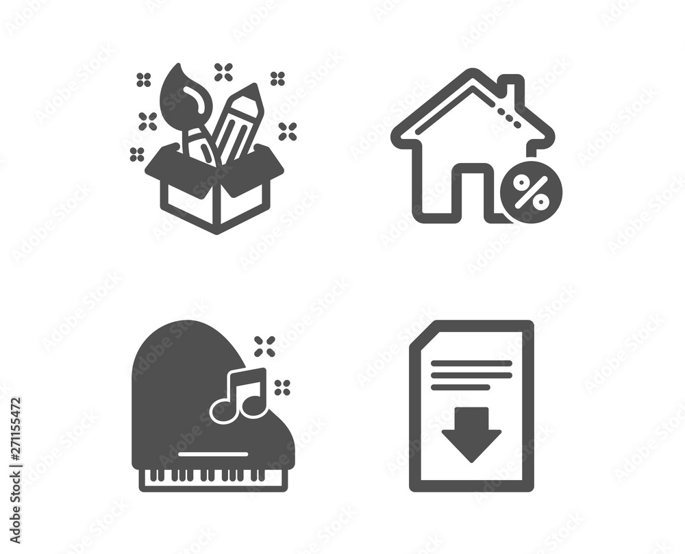 Set of Loan house, Piano and Creativity icons. Download file sign. Discount percent, Fortepiano, Design idea. Load document. Classic design loan house icon. Flat design. Vector Set of Loan house, Piano and Creativity icons. Download file sign. Discount percent, Fortepiano, Design idea. Load document. Classic design loan house icon. Flat design. Vector
