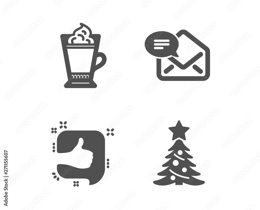 Set of Latte coffee, Like and New mail icons. Christmas tree sign. Hot drink with whipped cream, Thumb up, Received e-mail. Spruce. Classic design latte coffee icon. Flat design. Vector Set of Latte coffee, Like and New mail icons. Christmas tree sign. Hot drink with whipped cream, Thumb up, Received e-mail. Spruce. Classic design latte coffee icon. Flat design. Vector
