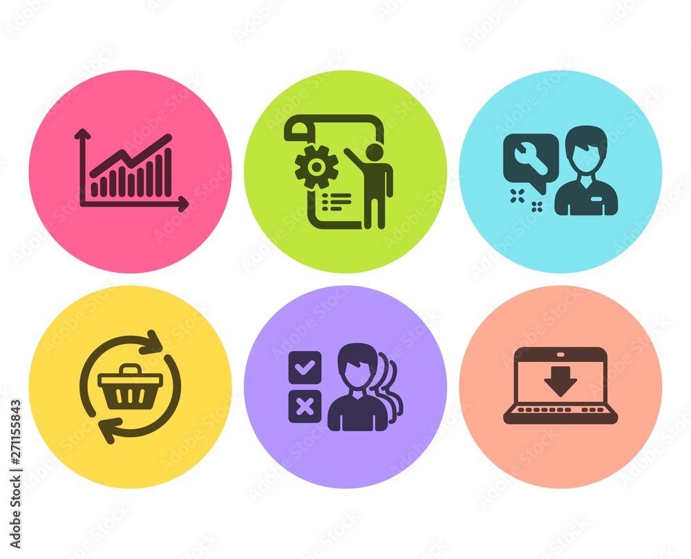 Opinion, Repairman and Settings blueprint icons simple set. Graph, Refresh cart and Internet downloading signs. Choose answer, Repair service. Business set. Flat opinion icon. Circle button. Vector Opinion, Repairman and Settings blueprint icons simple set. Graph, Refresh cart and Internet downloading signs. Choose answer, Repair service. Business set. Flat opinion icon. Circle button. Vector