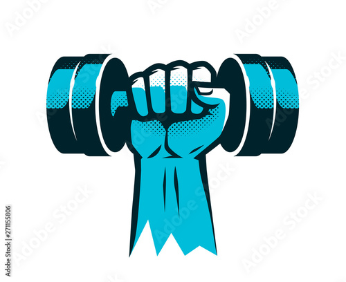 Raised arm with dumbbell. Gym logo or label. Vector illustration
