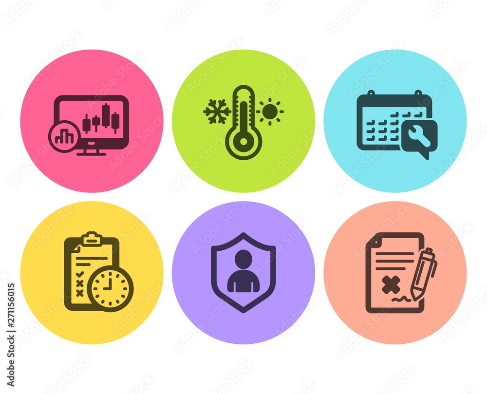 Candlestick chart, Security and Spanner icons simple set. Thermometer, Exam time and Reject file signs. Report analysis, Private protection. Business set. Flat candlestick chart icon. Circle button Candlestick chart, Security and Spanner icons simple set. Thermometer, Exam time and Reject file signs. Report analysis, Private protection. Business set. Flat candlestick chart icon. Circle button