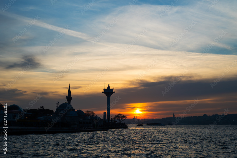 Romantic Istanbul Sunset Landscape. Istanbul Bosphorus view with beautiful blue romantic sky. Uskudar, Istanbul, Turkey.