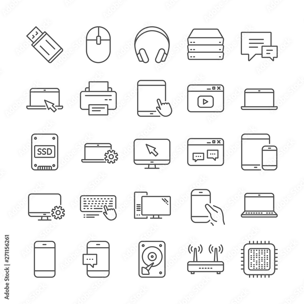 Mobile device line icons. Smartphone, Laptop, Tablet PC icons. HDD, SSD and Flash drive. Headphones, Printer and tablet device. Mouse, ssd disk, mobile laptop. Memory hdd drive. Quality set. Vector Mobile device line icons. Smartphone, Laptop, Tablet PC icons. HDD, SSD and Flash drive. Headphones, Printer and tablet device. Mouse, ssd disk, mobile laptop. Memory hdd drive. Quality set. Vector