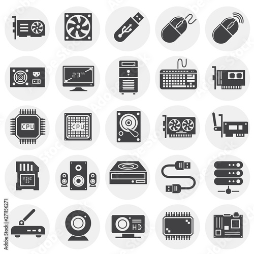 Computer hardware icons set on background for graphic and web design. Simple illustration. Internet concept symbol for website button or mobile app.